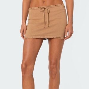 NWT Edikted Crochet Trim Mini Knit Skirt Bow Preppy Beach Boho Mocha Tan Brown L